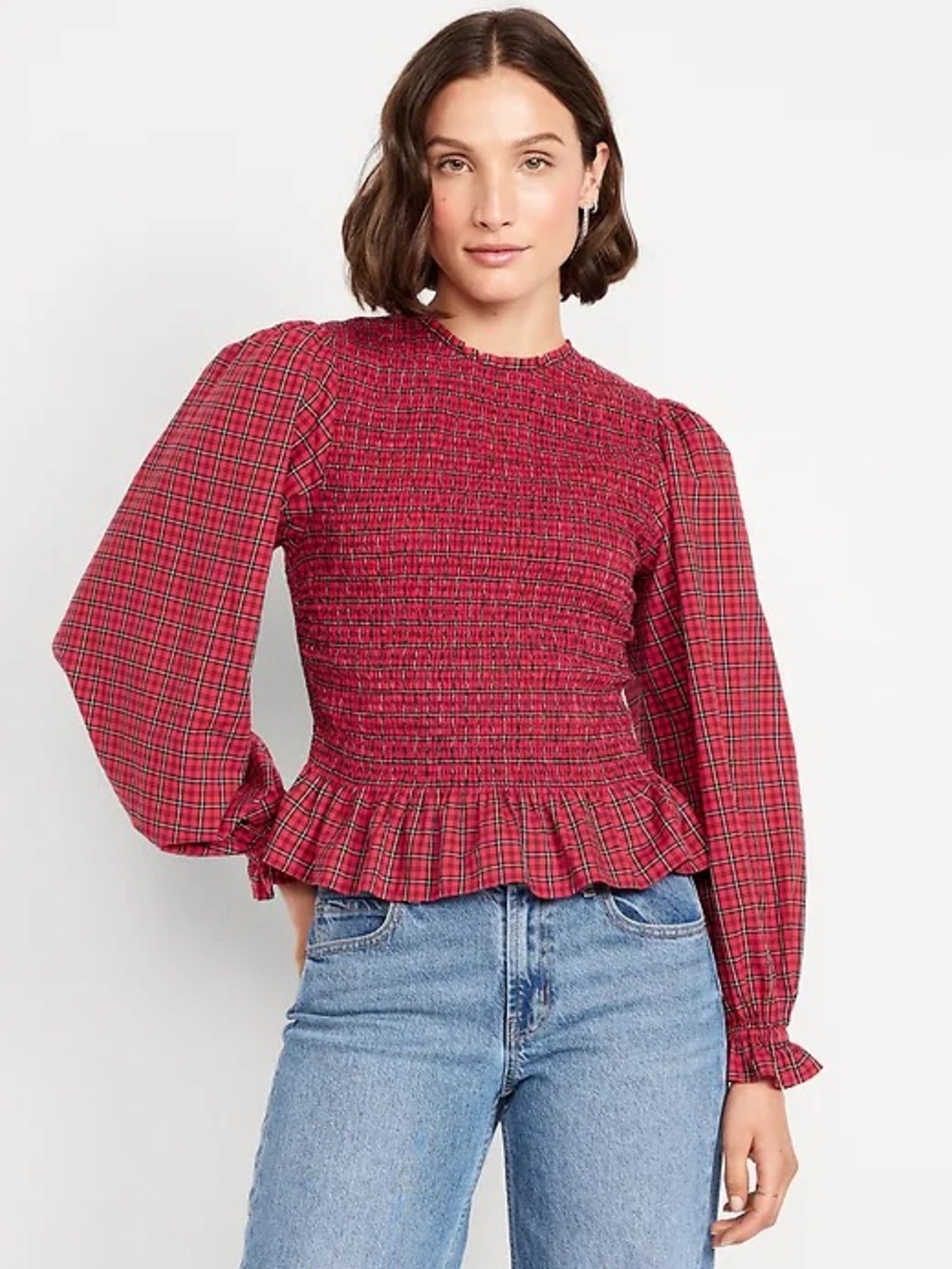 Old Navy Shirt Womens XXL Red Smocked Tartan Plaid New
